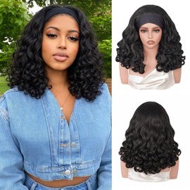 Yaki Curly Headband Wigs for Black Women, 16 Inch Kinky Curly Half Wig Wear and Go Synthetic Headband Wig with Curly Ends Headband Attached for Daily Use