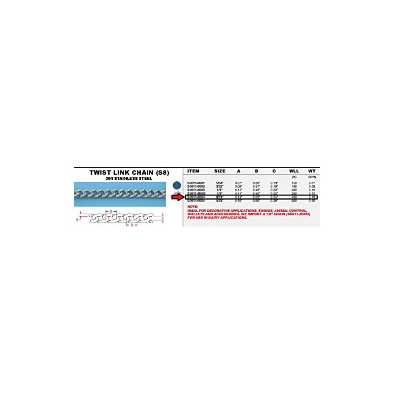 304 Stainless Steel Twist Link Chain (S8) 9/64" (S0611-0004)