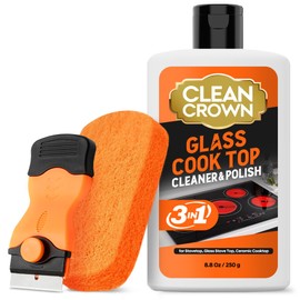 CleanCrown 3-in-1 Cooktop Cleaner Kit (8.8 Oz Cooktop Cleaner + Scrubbing Pad + Scraper), Stovetop Cleaner for Electric Top Stoves, Ceramic Cooktops & Fireplace Glass, Remove Burned on Food, Grease