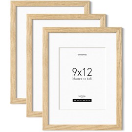 Momentworth 9x12 Frame with Mat for 6x8 set of 3, Solid Oak Wood 9x12 Picture Frame with Tempered Glass for Wall Mount(3 Pack,Oak)