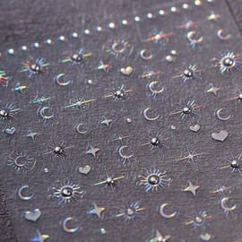 5D Embossed Star Nail Stickers Laser Sun Moon Heart Nail Art Stickers Silver Star Nail Decals Self-Adhesive Rhinestone Stickers Shiny Nail Supplies for Women Girls DIY Manicure