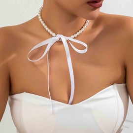 Aneneiceera Vintage Pearl Ribbon Choker Necklace White Satin Ribbon Bow Necklace White Pearl Necklace Long White Bow Tie Up Necklace Chain Jewelry for Women (White tassel)