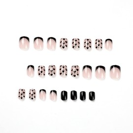 24 Pcs Square Shape Press on Nails,Short Length with Black Heart-Shaped French Designs Fake Full Cover Fake Nails,Nails Art for Women and Girl Stick on Nails