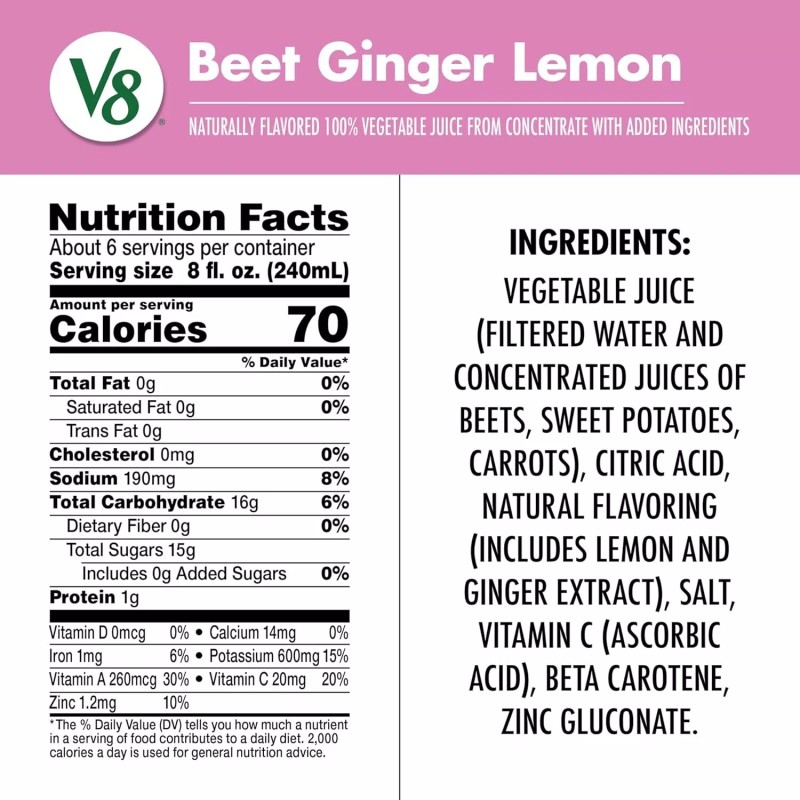 V8 Beet Ginger Lemon 100% Vegetable Juice 46 fl oz