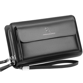 Hana 2nd Bag, Men's, Genuine Leather, Clutch Bag, Men's, Large Capacity, Double Zipper, Men's Pouch, Black