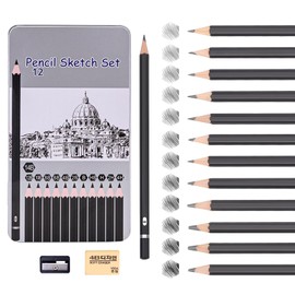 OWLKELA Pencils Set, 12 Pieces Professional Drawing Pencils Set, 14B 12B 10B 8B 6B 4B 2B B HB H 2H 4H, Artist Pencils in Metal Tin with Eraser & Sharpener, Sketch Pencils