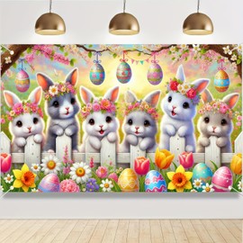 BlissYard Happy Easter Banner Easter Cute Bunnys Banner 71x43 Inch Outdoor Decoration Banner Background Shooting Banner Easter Egg Big Party Backdrop Banner Spring Party Decorations