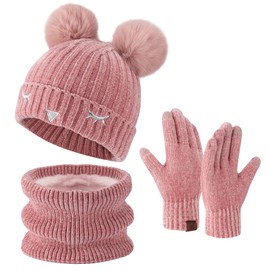 Toddler Boys Girls Winter Warm Knit Beanie Hat Neck Scarf Touchscreen Gloves with Fleece Lined Cap for 3-10 Year Kid Gifts