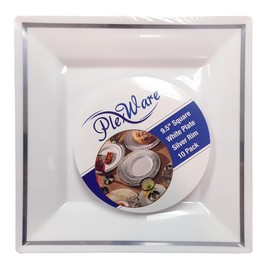 PLEXWARE 10 Pcs White Heavy Duty Plastic Dinner Plates with Silver Rim, 9.5" Square Disposable Salad Plates, Premium Catering Plates for Party/Wedding