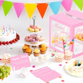 Pink Clear Diaper Raffle Tickets Card Box for Baby Shower, 50 Pcs Diaper Raffle Tickets with Advice and Wishes, for Gender Reveal Baby Shower Games, Diaper Raffle Box Party Decorations Supplies