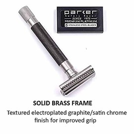 Parker Semi-Slant Safety Razor – Graphite Finish | Close Shaving Double Edge Razor for Sensitive Skin & Coarse Hair | Slanted Precision Head + 5 Parker DE Blades | Iconic Brand