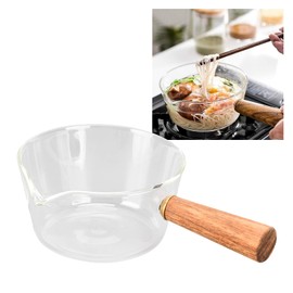 Noodle Pot Clear Glass Pot Milk Pan With Wooden Handle Espresso Measuring Cups, Butter Warmer Glass Measuring Cups Frothing Pitcher for Kitchen Restaurant Glass Pan(400ml)