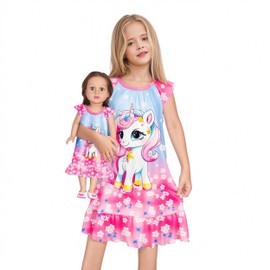 LQSZ Matching Doll and Girls Nightgowns Flowers Unicorn Princess Flutter Short Sleeves Nightie Pajamas for Girls & 18" Dolls Clothes 3 4t