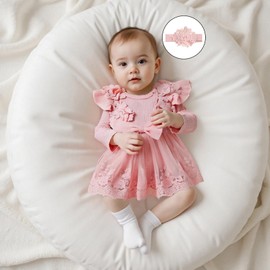 M9ppzzur7 Baby Girl Clothes Infant Tulle Romper Lace Flower Mesh Long Sleeve One Piece Romper Dress and Headband 2 Pcs Set (Pink, 0-3 Months)