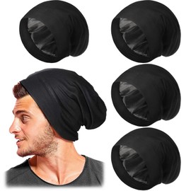 Gorro de dormir de satén de seda para hombre, 4 piezas, gorro de dormir de noche, regalo para novio, marido y papá, Negro -, Talla única