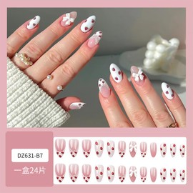 24Pcs Bow Press on Nails Short Almond French Tip Fake Nails with Strawberry Design White Full Cover Artificial Glue on Nails Pearl Rhinestones Stick on Nails Glossy Nail Supplies for Women DIY Kit