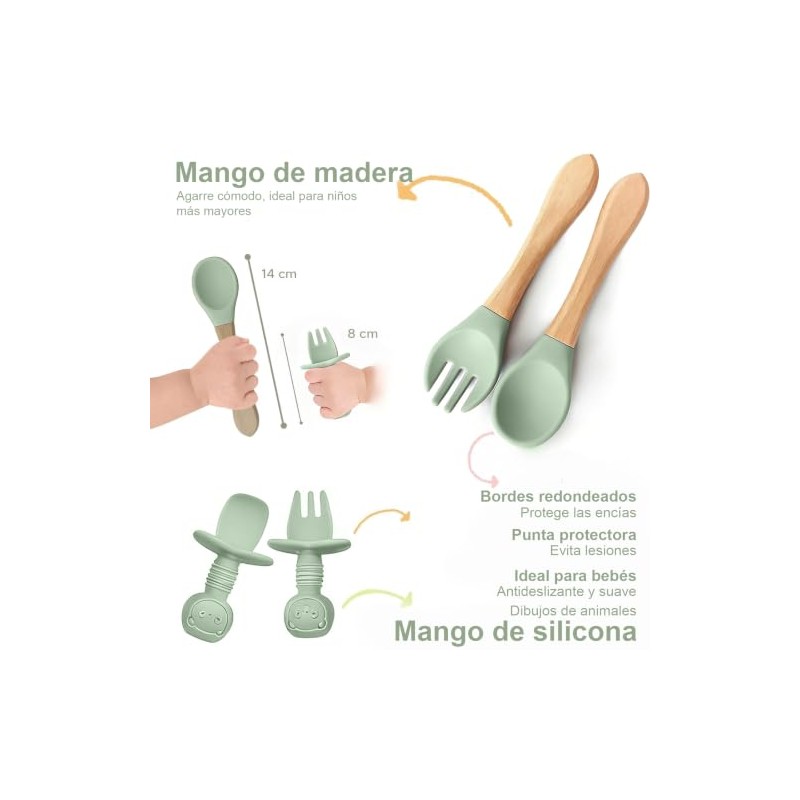 8pzs Platos para Bebe Silicon, Set Alimentacion Complementaria Bebe (Verde)
