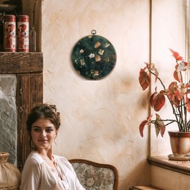 FUGWN Vintage Moody Wildflower Round Wall Art Decor Framed, Dark Cottagecore Flower Botanical Canvas Artwork Prints, Green Retro Floral Wall Hanging Decorations for Home Bedroom Room, 10x10 Inch