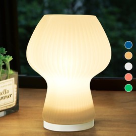 Rechargeable Ribbed Glass Mushroom Table Lamp with Timer, Battery Operated Vintage Aesthetic Led Mushroom Night Light for Bedroom, Cordless Mushroom Desk Lantern Lamp for Outfitters Home Decoration