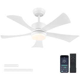 42 inch Ceiling Fans with Lights, Modern Ceiling Fan with Remote Control App, DC Motor Quiet, 3CCT Dimmable Memory, Led Sloped Flat Ceiling Fan with Light for Bedroom Indoor&Outdoor Patio White