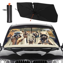 2025 Upgrade Funny Animals Car Windshield Sun Shade Umbrella 5 Layers Nano Coatings Raccoon Driving Car Front Window UV Block Sunshade Cover for Most Cars SUV, Universal Size 57"x30"