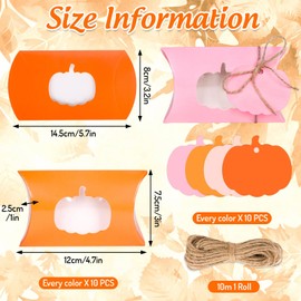 FYSUIMU 40Pcs Fall Treat Boxes with Paper Tags Hemp Rope 4 Colors Pillow Box with Pumpkin Shape Window Paper Gift Container for Autumn Thanksgiving Sweets Chocolate