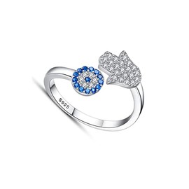 Evil Eye Hamsa Fatima Hand Adjustable Ring Vintage Gold Plated Lucky White Zircon Gemstone Blue Stone Eye Open Ring for Women Party Gifts Jewelry-Silver