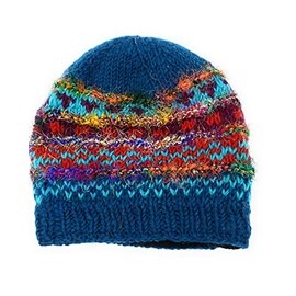 Hand Knit Wool and Recycled Silk Beanie Hat Fleece Lined Made in Nepal (Wool & Silk Fibers, Dark Teal)