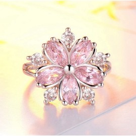 Awmnjtmgpw 925 Sterling Silver Romantic Flower Zircon Ring Fashion Pink Diamond Set Cherry Blossom Ring Women's Fashion Wedding Engagement Ring Size 6-10 (Size 6)