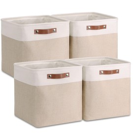 VIIHTYISA Fabric Storage Box, Storage Basket, 25 x 25 x 25 cm, Fabric Baskets in Cubes for Cupboard, Shelf, and Clothes, Khaki/White, Pack of 4