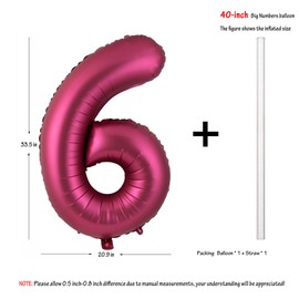 Number 6 Balloons 40 Inch Wine Red Burgundy Foil Helium Large Balloons for Birthday Party Anniversary Decorations（Digital 6）