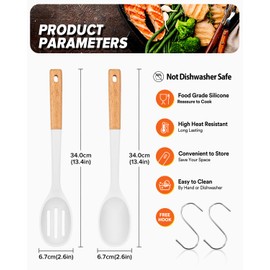 Silicone Cooking Spoons, Great for Scooping Sides and Serving Hearty Stews, BPA-Free Matte Silicone, Wooden Handle Serving Spoon for Nonstick Cooking Surfaces (White)