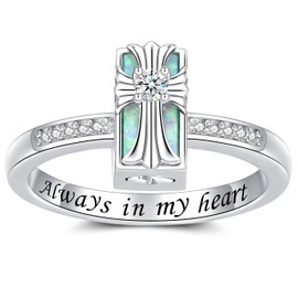 Cross Cremation Ring for Ashes - 925 Sterling Silver Opal Urn Keepsake Rings Memorial Jewelry for Women, 9, 925, Cubic Zirconia