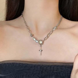 Cimenexe Bohemian Crystal Star Choker Necklace Silver Cz Star Pendant Necklace Moonstone Paperclip Chain Necklace Gemstone Stitching Curb Chain Necklace Jewelry for Women