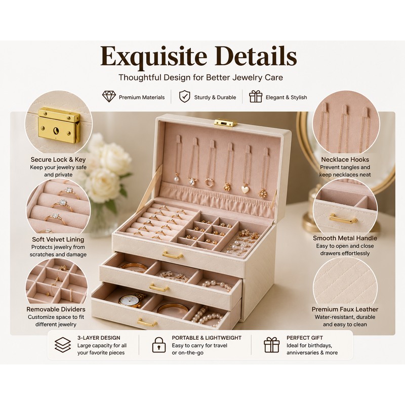 White Leather Jewelry Storage Box with Three Layers and Removable