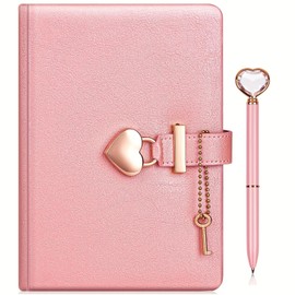 Diary with Lock for Girls, A5 PU Leather Notebook with Lock, Secret Diary for Girls, Heart Shaped Lock Journal with Key, 144 Sheets Password Lock Notebook with Pen for Travel Diary Office Notepad,Pink