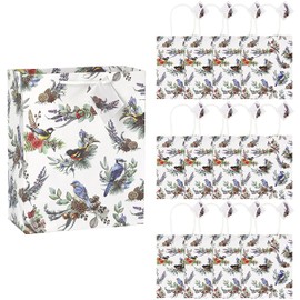 7 1/4" x 9" Pinecone and Birds Gift Bags with Tag - 12 Pieces