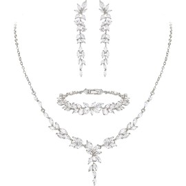 EVER FAITH Conjunto de joyería nupcial de circonita cúbica para dama de honor, elegante collar de flor de hoja de marquesa,pendientes conjuntos de pulseras para mujeres