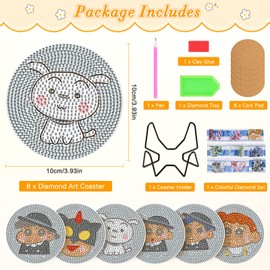 MOGTAA 6 Pieces Diamond Painting Coasters with Holder, 5D Diamond Art Painting Cartoon, Diamond Painting Set Pictures Adults Children, Diamond Cup Coasters with Cork, for Home Decor