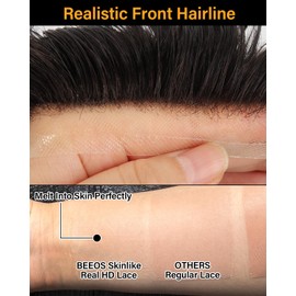 BEEOS Skinlike Real HD Lace Toupee Hair for Men, 8x10 Inch HD Lace with Thin Skin Base Back and Side Q6 Mens Hair Piece, 130% Density Mens Wig #1B Natural Black