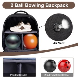 KAMATER Bowling Ball Bag, 2 Ball Bowling Backpack, with Shoe Bag Fits Up to Size 16, Sturdy Lightweight Design for Bowling Enthusiasts, for League, Practice