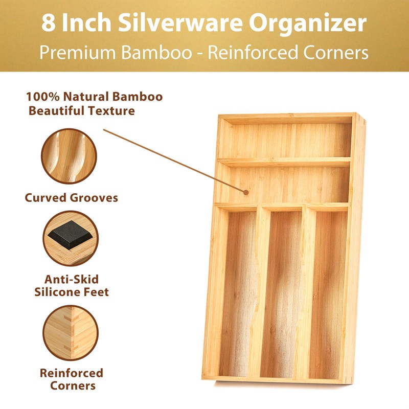 Umilife Bamboo Kitchen Drawer Organizer, 8 Inch Silverware Utensils Tray