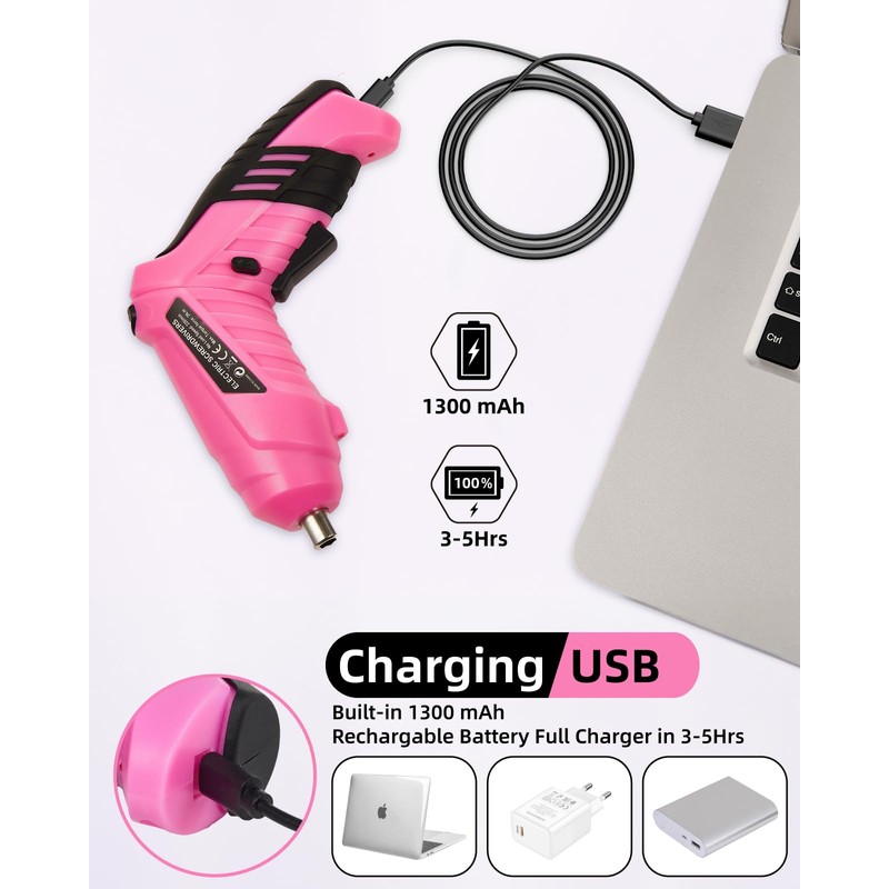 Durofort Pink Cordless Electric Screwdriver Set, 3.7V Rechargeable Small Electric