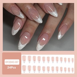 French Tip False Nails - 24Pcs Press on Nails Medium Length - Semi-Transparent Fake Nails Almond in 12 Sizes - Soft Gel nails French Tip Pearl Effect- Reusable Stick on nails for Women