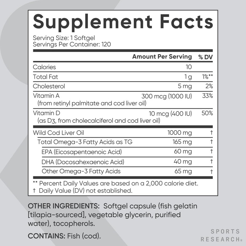 Sports Research® Omega-3 Wild Alaskan Cod Liver Oil 1000mg with