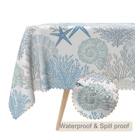 TTQYFNM 70x70inches Nautical Coastal Theme Tablecloth Starfish Coral Seashell Print Decorative Square Table Cloth Stain Resistant Durable Table Cover for Dining Room Kitchen Indoor Outdoor Use