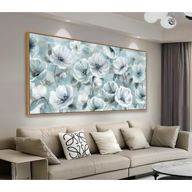 yearainn Floral Framed Wall Art - Teal Flowers Canvas Pictures Wall Decor Turquoise White Blossom Painting Artwork Elegant Botanical Prints Living Room Office Home Decor Natural Wood Frame 40" x 20"