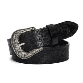 Vintage Western-Cowboy-Belt for Women Men - Carved Buckle PU Leather Waist Belts (for Waist 28"-39")
