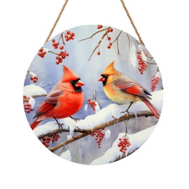 Winter Cardinal Bird Door Wreaths for Front Door Winter Welcome Birds Wood Door Hanger Snowy Winter Branches Berry Door Sign Christmas Holiday Sign for Home Front Porch Wall Outdoor Outside 12in