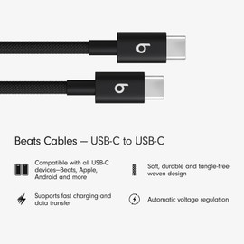 Beats USB-C to USB-C Woven Cable Fast Charging Durable/Tangle-Free Compatible Charger for Apple & Android USB-C Devices (1.5 m, 5 ft) - Bolt Black
